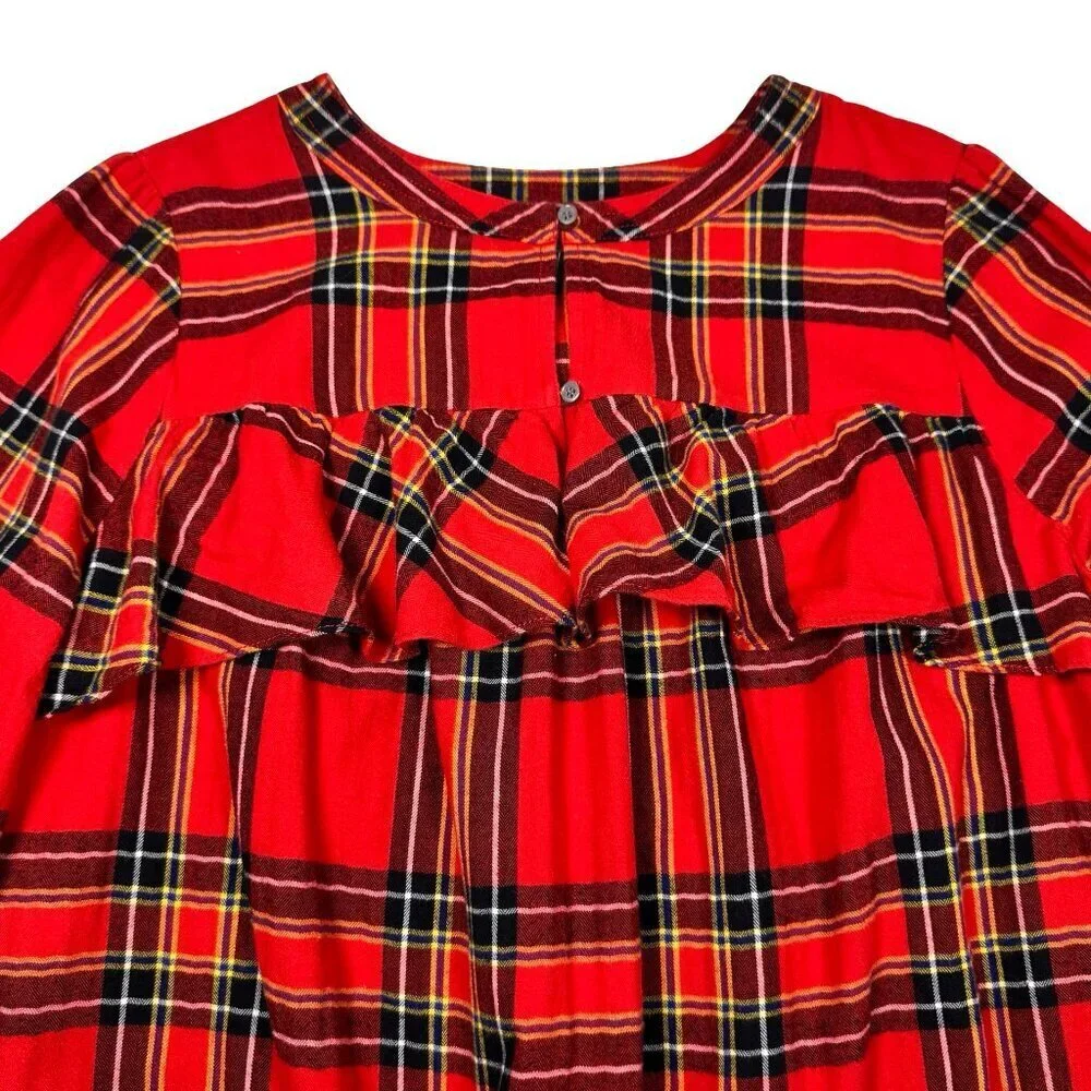 J. Crew Ruffled Red Tartan Flannel Top Sz S Cottage Heritage Farm Peasant Preppy